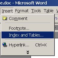 Index and Tables on the Insert menu